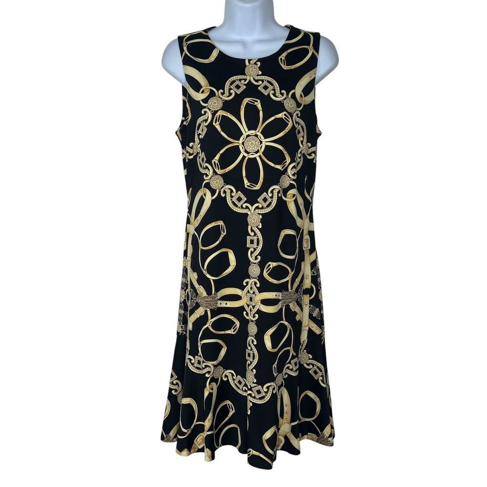 J. McLaughlin Shift Dress Small Black Gold Chain Belt Link Catalina Cloth Sophia